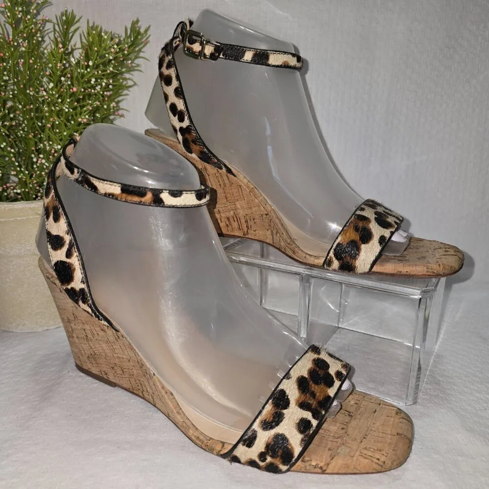 ANTONIO MELANI LEATHER ANKLE STRAP WEDGE SANDAL LEOPARD PRINT WOMENS SIZE 8.5